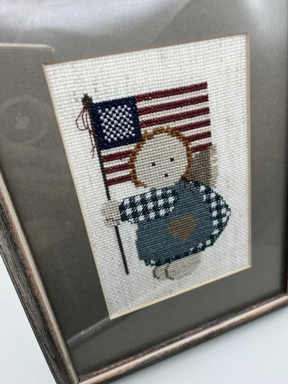 VTG 80s Patriotic Cross Stitch Girl US Flag Framed Cottage Farmhouse Americana
